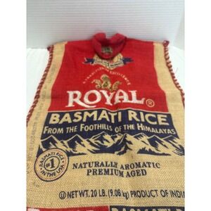 Royal Basmati Rice Burlap Tote Bag Red Tan Reusable Grocery Sack Zipper Top
